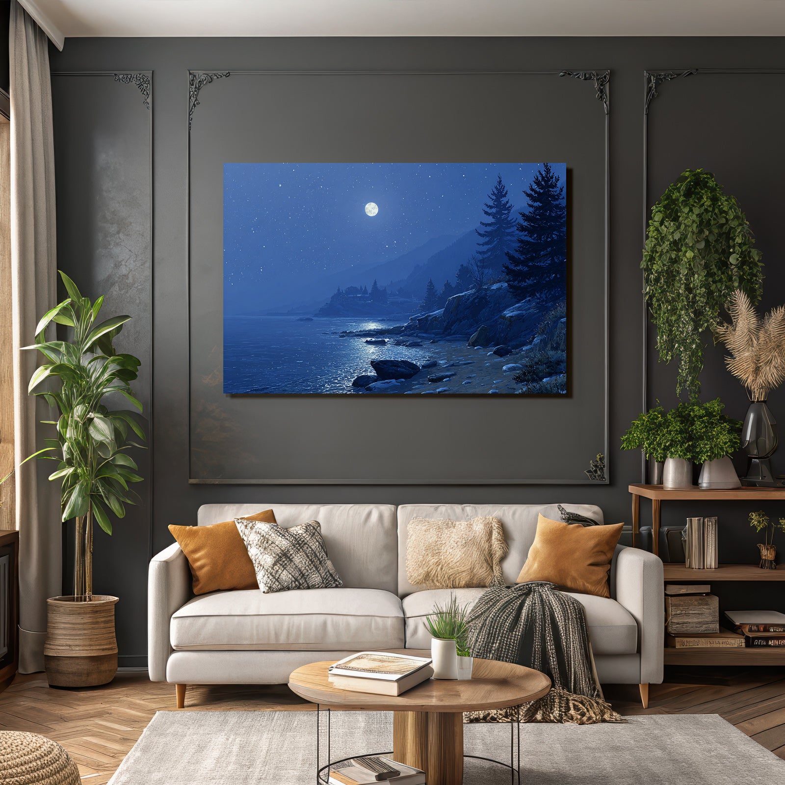 Mondscheinlandschaft Am See Mit Bergen Und Sternenhimmel