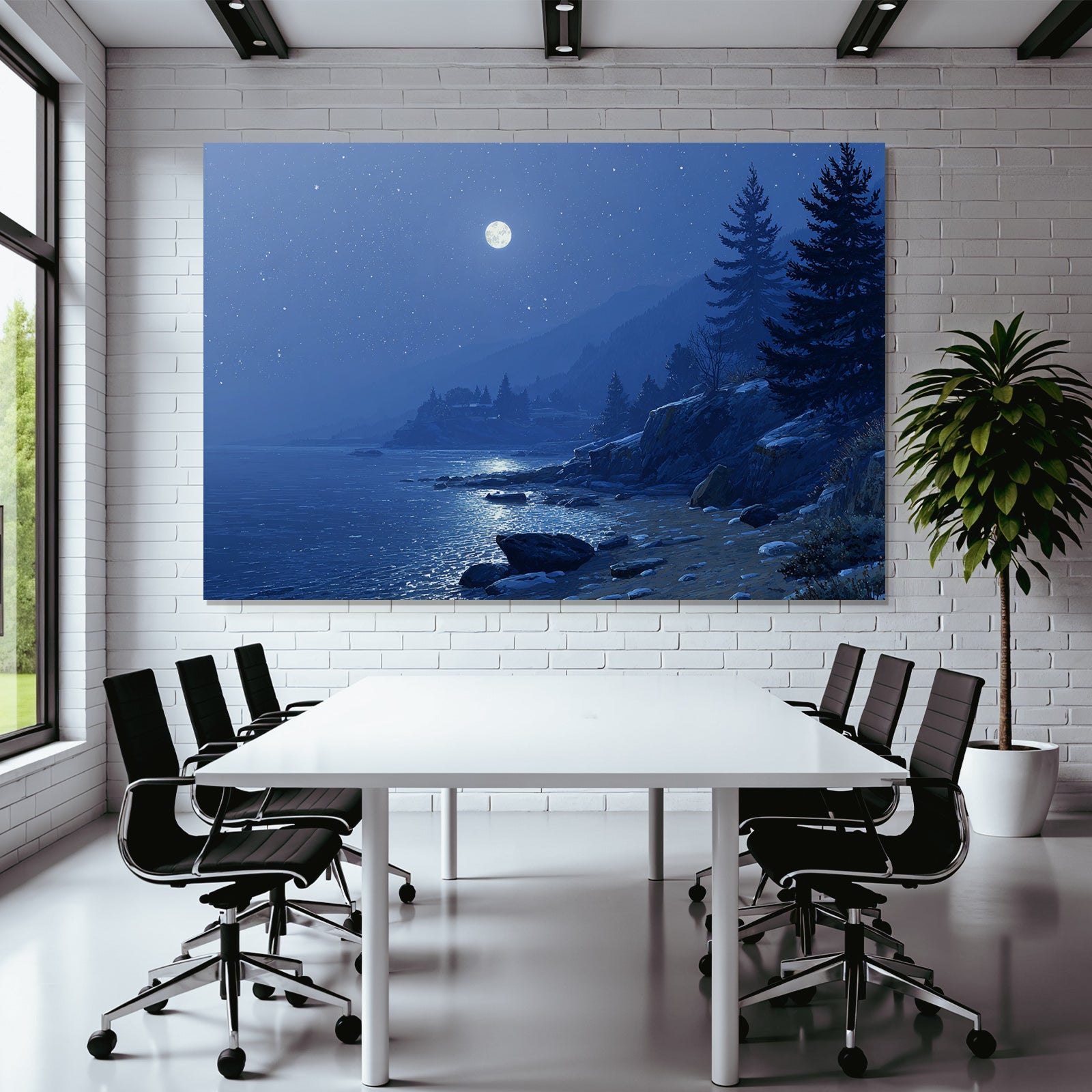 Mondscheinlandschaft Am See Mit Bergen Und Sternenhimmel