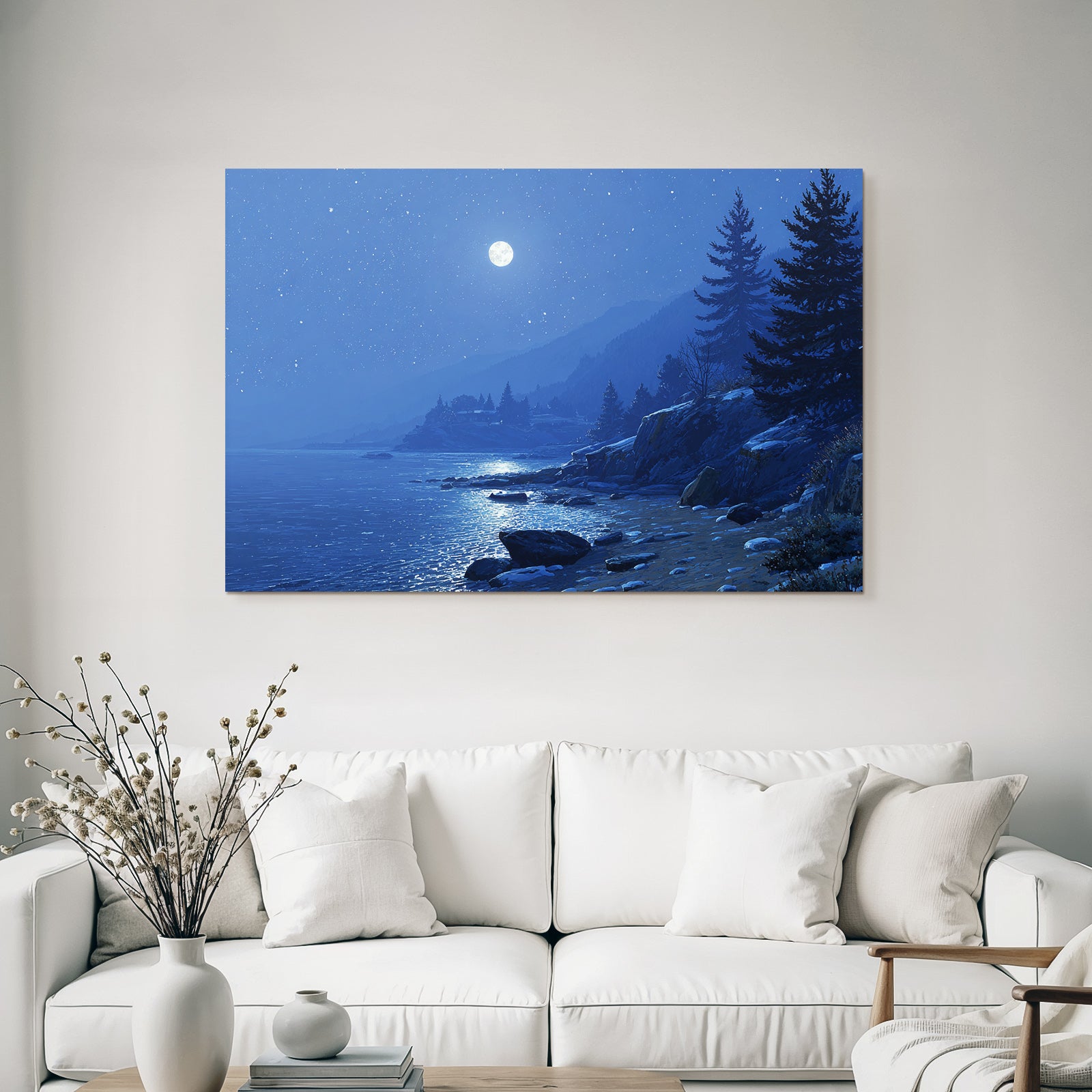 Mondscheinlandschaft Am See Mit Bergen Und Sternenhimmel