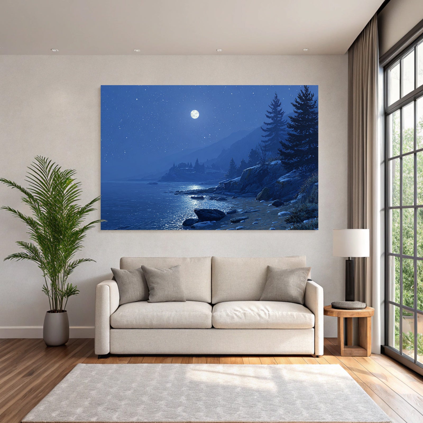 Mondscheinlandschaft Am See Mit Bergen Und Sternenhimmel