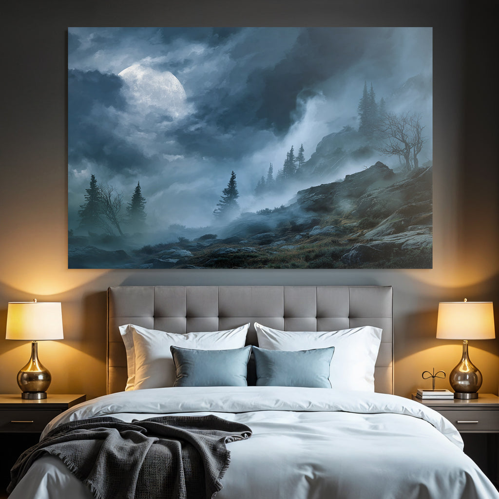 Mysterische Landschaft Mit Mond Und Nebligen Tannen Und Felsigem Terrain