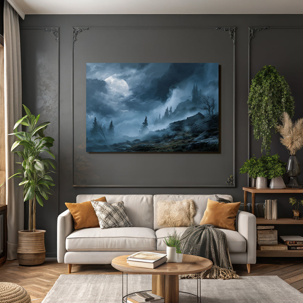 Mysterische Landschaft Mit Mond Und Nebligen Tannen Und Felsigem Terrain