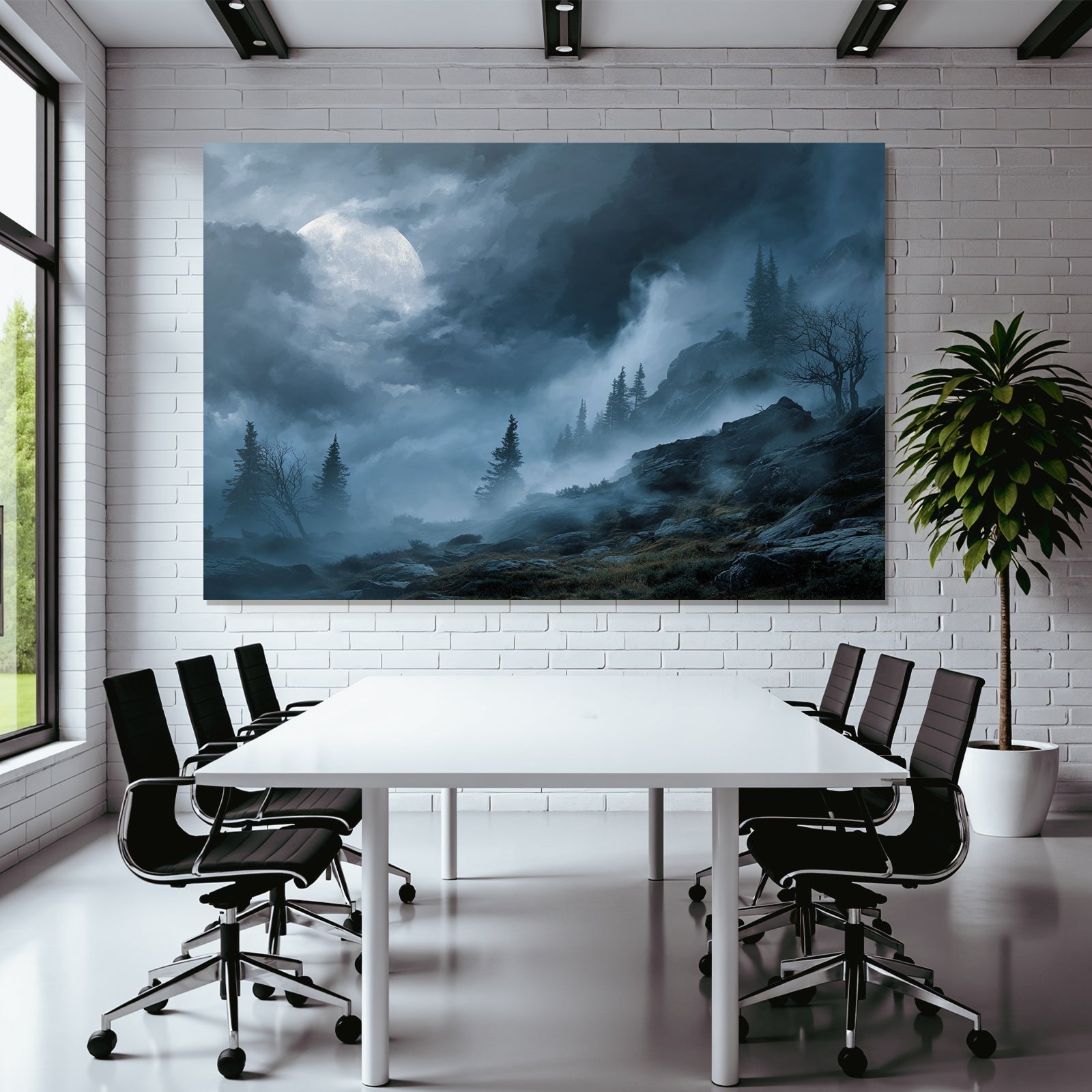Mysterische Landschaft Mit Mond Und Nebligen Tannen Und Felsigem Terrain
