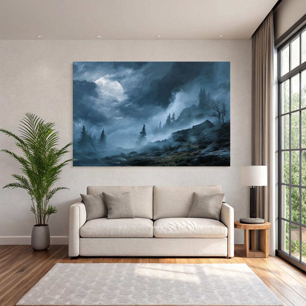 Mysterische Landschaft Mit Mond Und Nebligen Tannen Und Felsigem Terrain