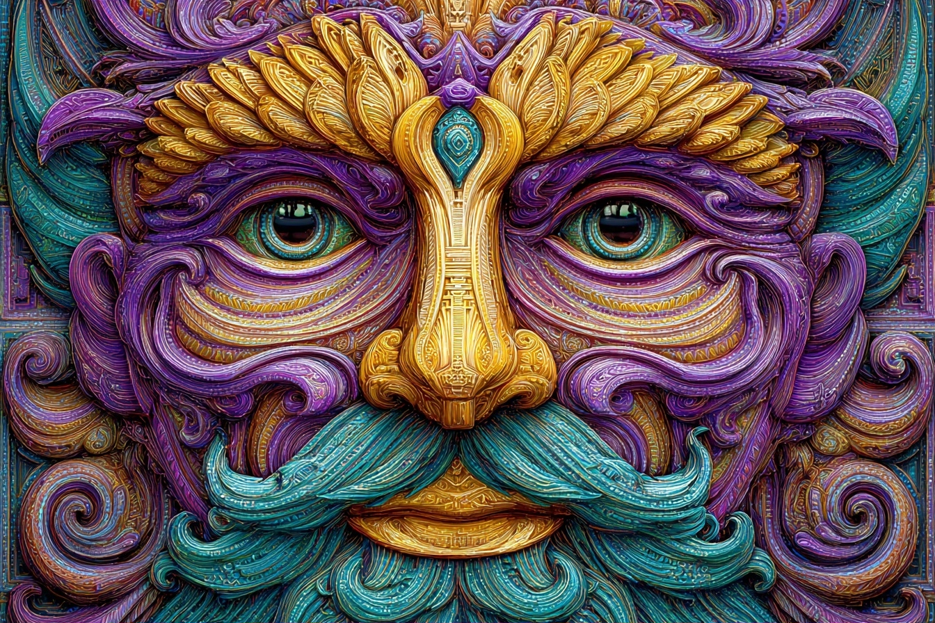 Mythisches Gesicht Mit Bart Spiralen Und Verzierten Mustern | Psychedelische Kunst | Stilrichtungen
