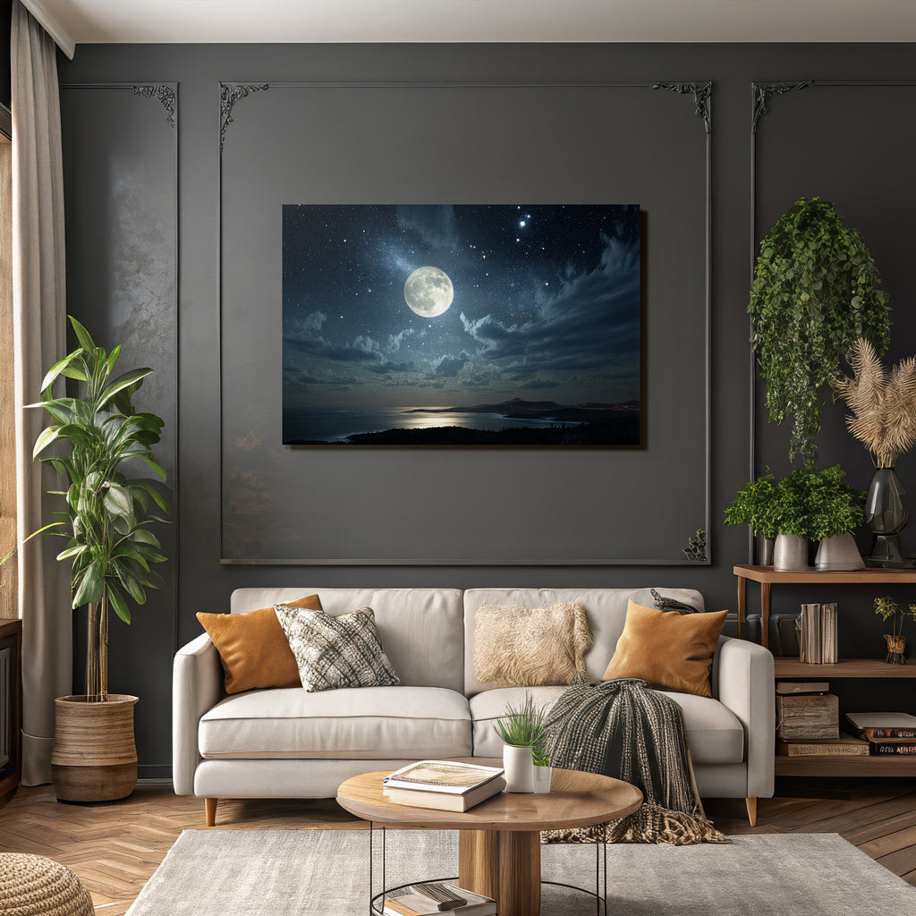Nachtlandschaft Mit Mond Im Sternenhimmel Und Reflexion Auf Wasser