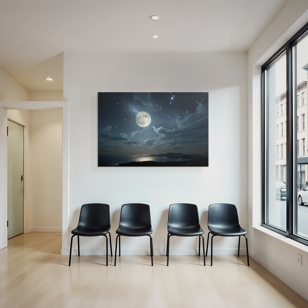 Nachtlandschaft Mit Mond Im Sternenhimmel Und Reflexion Auf Wasser