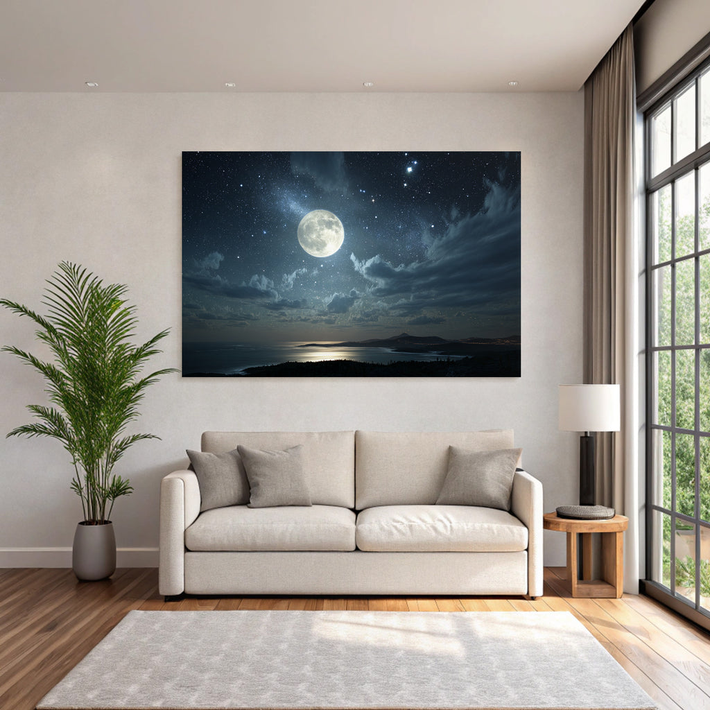 Nachtlandschaft Mit Mond Im Sternenhimmel Und Reflexion Auf Wasser