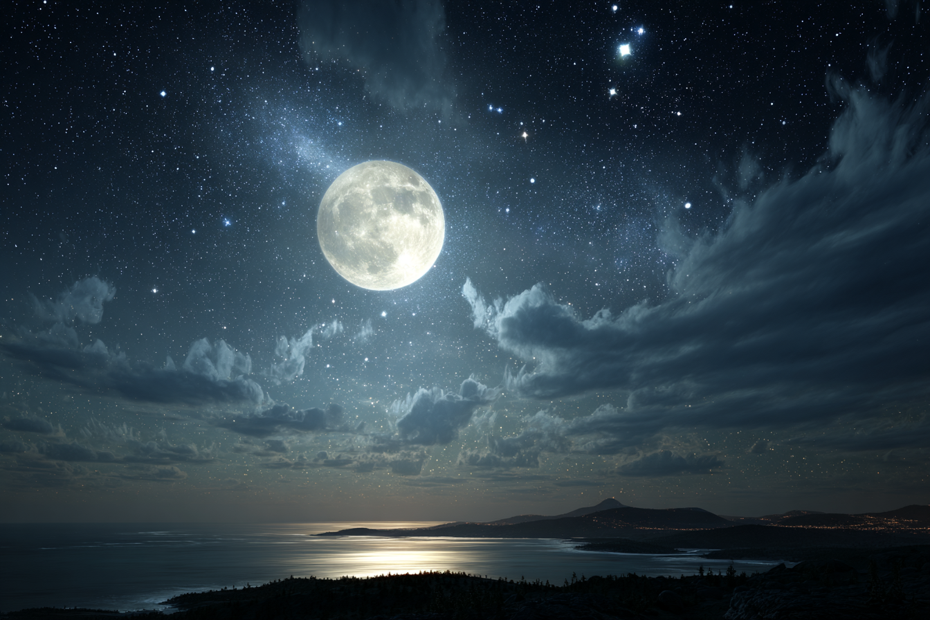 Nachtlandschaft Mit Mond Im Sternenhimmel Und Reflexion Auf Wasser | Psychedelische Kunst | Stilrichtungen