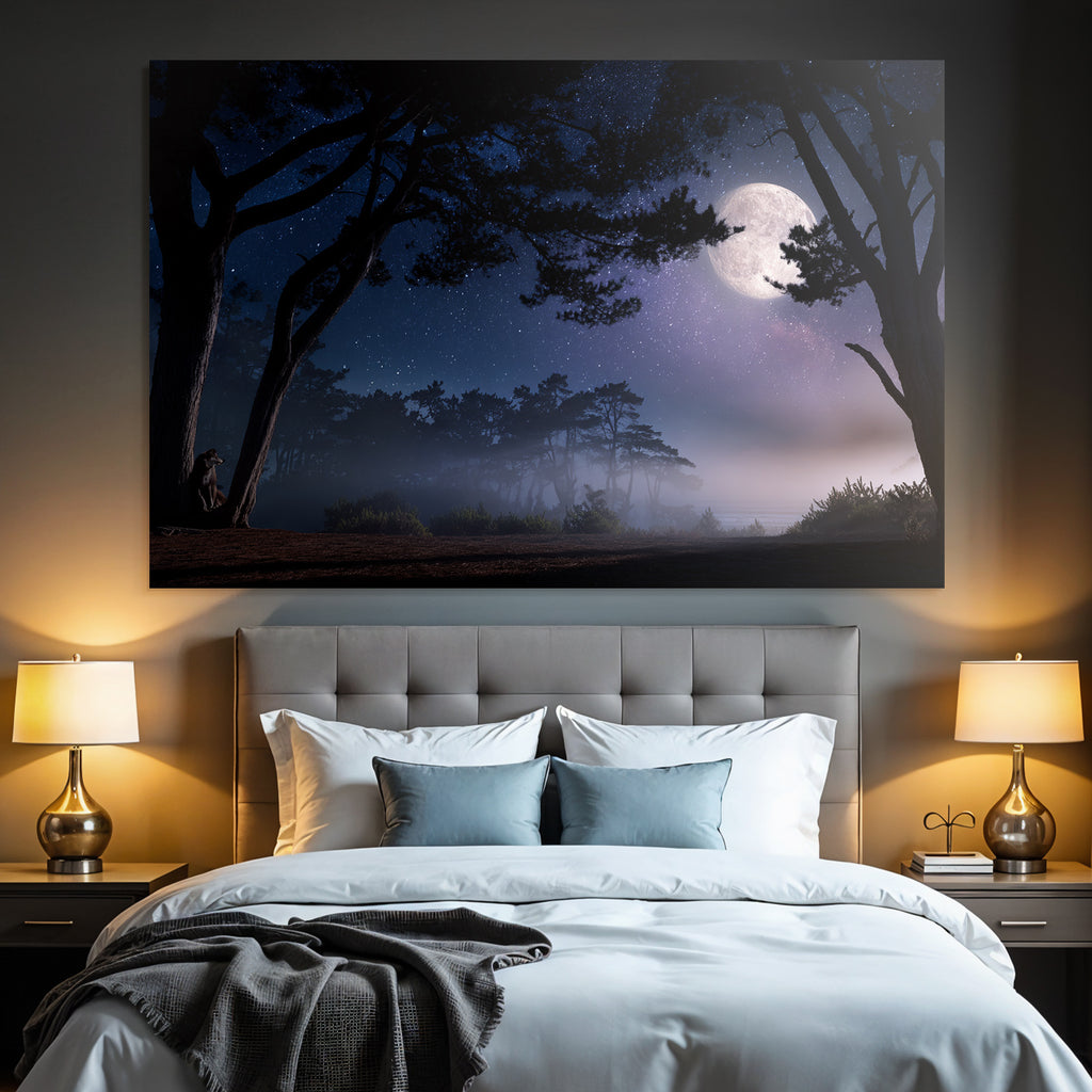 Nachtliche Landschaft Mit Vollmond Und Baumsilhoütten Im Nebel