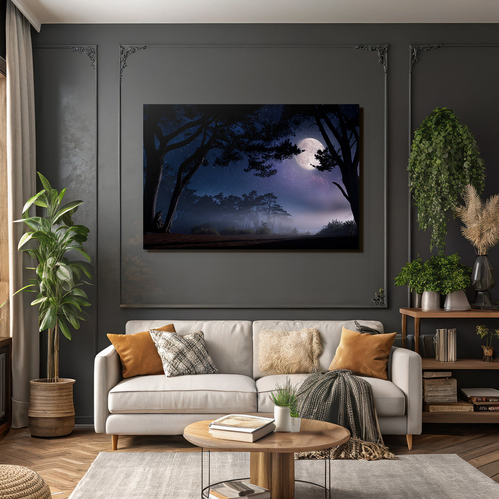 Nachtliche Landschaft Mit Vollmond Und Baumsilhoütten Im Nebel