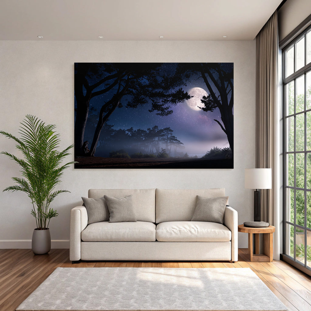 Nachtliche Landschaft Mit Vollmond Und Baumsilhoütten Im Nebel