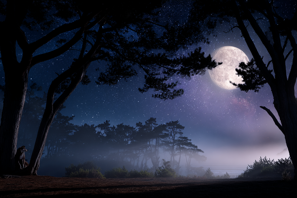Nachtliche Landschaft Mit Vollmond Und Baumsilhoütten Im Nebel | Psychedelische Kunst | Stilrichtungen