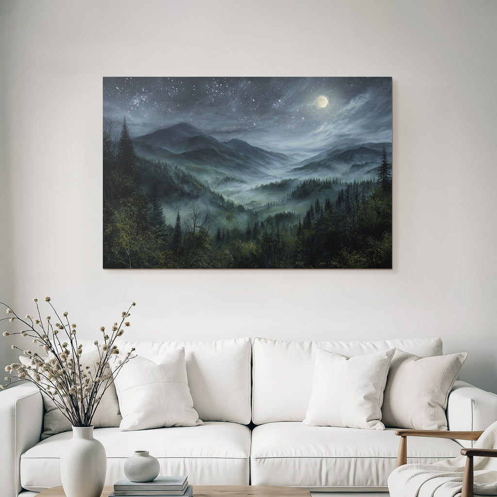 Nachtszenerie Mond Und Berge Im Nebel