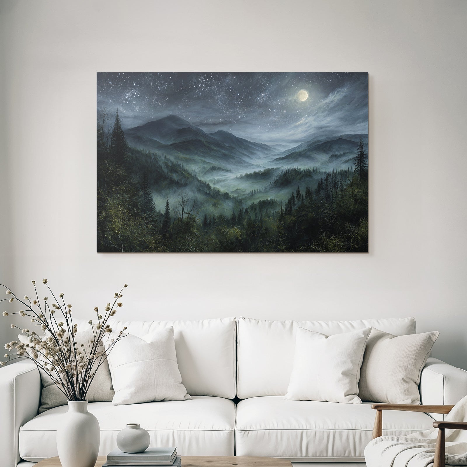 Nachtszenerie Mond Und Berge Im Nebel