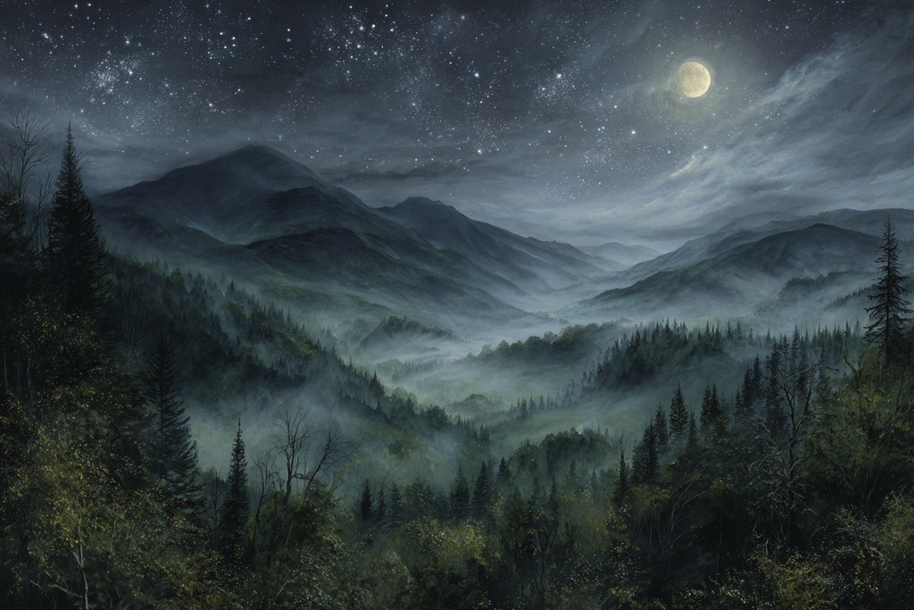 Nachtszenerie Mond Und Berge Im Nebel | Psychedelische Kunst | Stilrichtungen