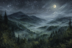Nachtszenerie Mond Und Berge Im Nebel | Psychedelische Kunst | Stilrichtungen