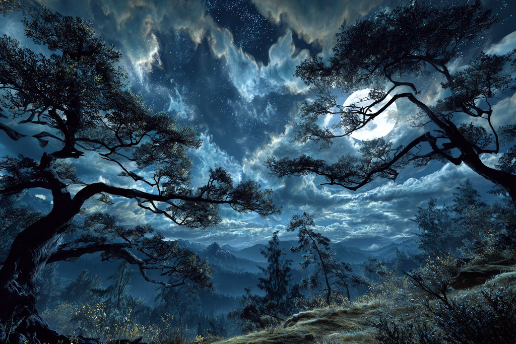 Nächlicher Himmel Mit Mond Und Silhoüttenbaeumen | Psychedelische Kunst | Stilrichtungen