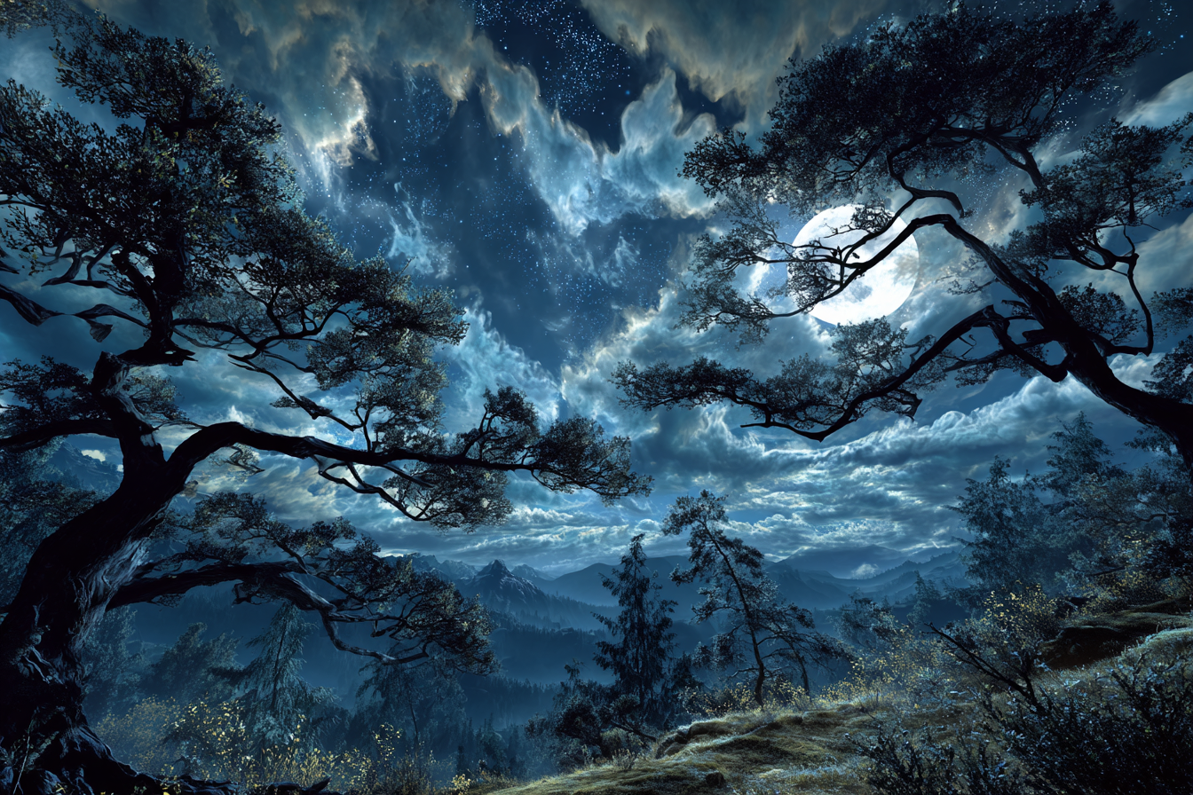 Nächlicher Himmel Mit Mond Und Silhoüttenbaeumen | Psychedelische Kunst | Stilrichtungen