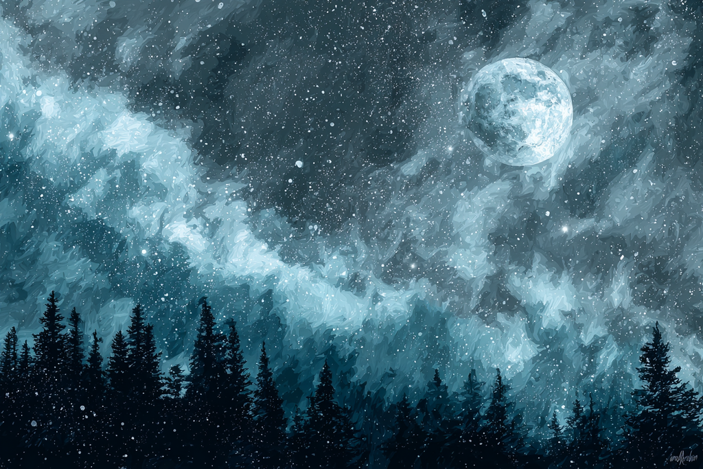 Nächtliche Waldlandschaft Unter Sternenhimmel Mit Grossem Mond | Psychedelische Kunst | Stilrichtungen