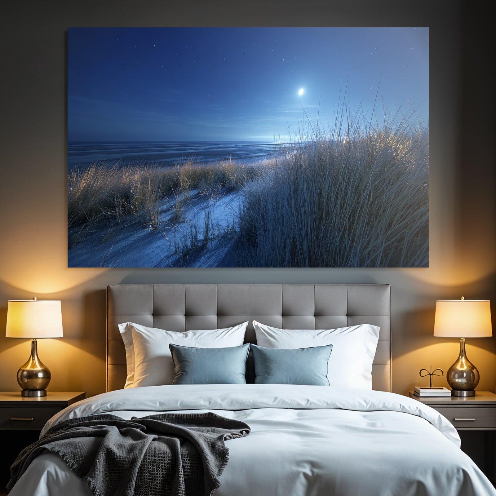 Ruhevolle Nacht Am Meer Mit Dünengras Und Mondschein
