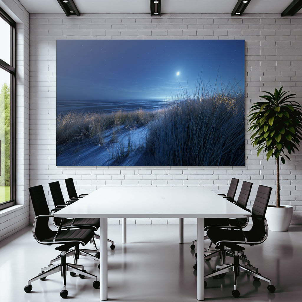 Ruhevolle Nacht Am Meer Mit Dünengras Und Mondschein