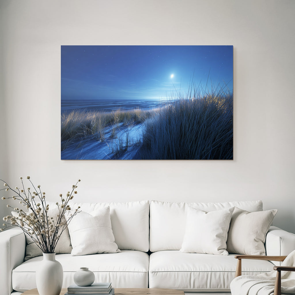 Ruhevolle Nacht Am Meer Mit Dünengras Und Mondschein