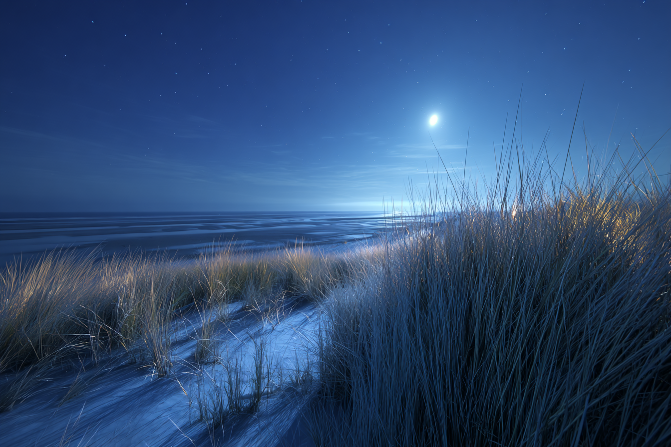Ruhevolle Nacht Am Meer Mit Dünengras Und Mondschein | Psychedelische Kunst | Stilrichtungen