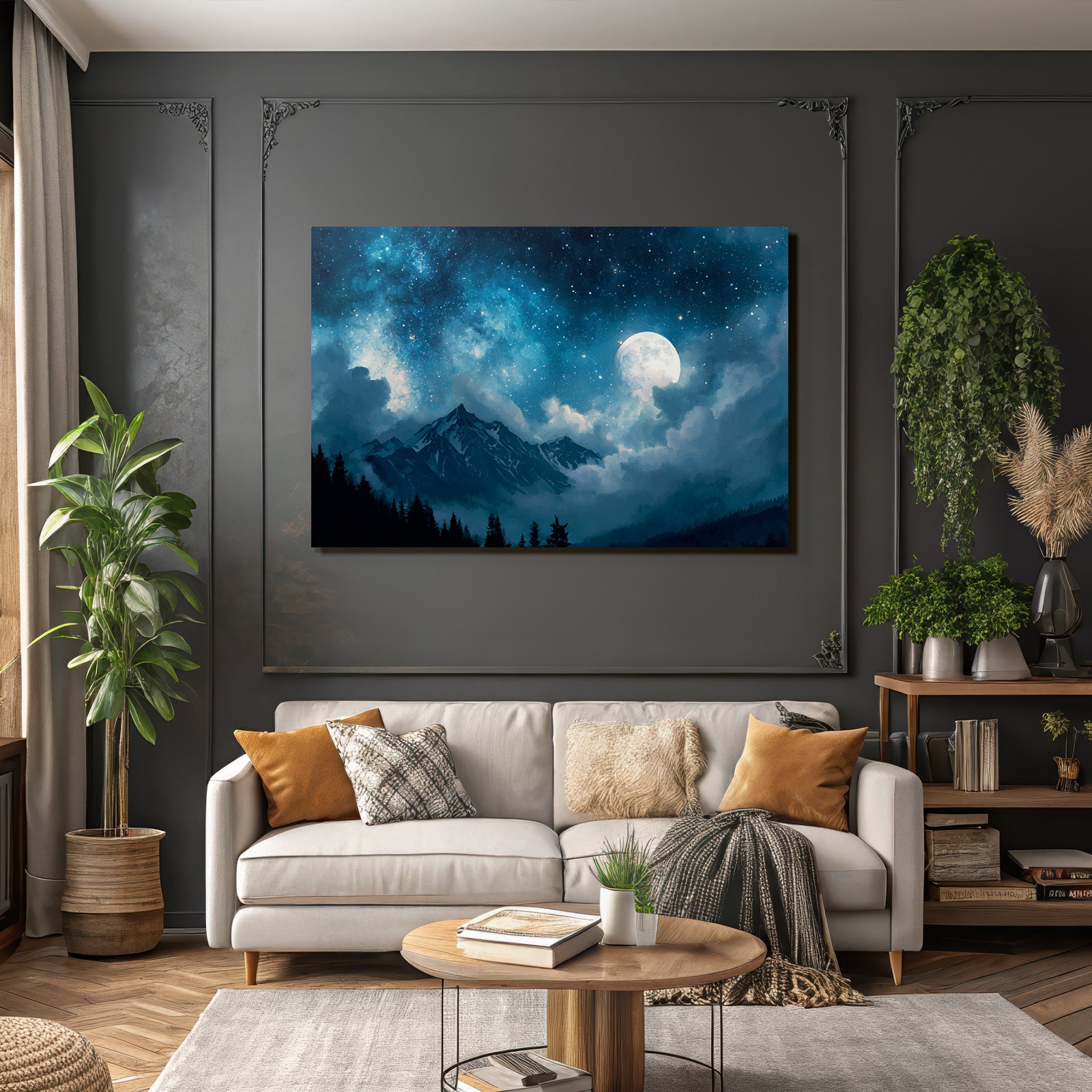 Ruhevolle Nachtlandschaft Mit Mystischem Sternenhimmel Und Vollmond