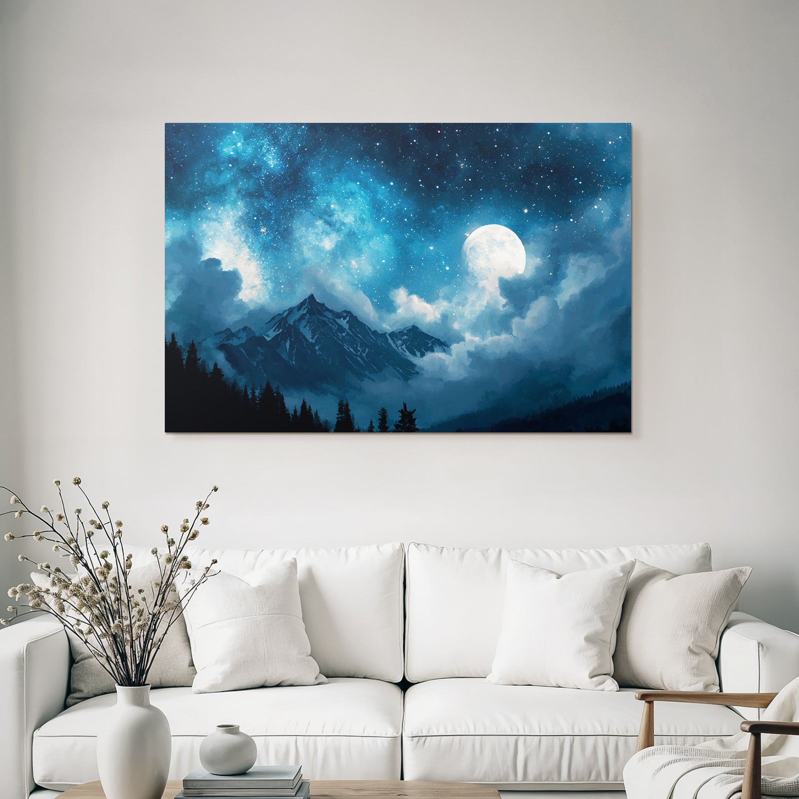 Ruhevolle Nachtlandschaft Mit Mystischem Sternenhimmel Und Vollmond