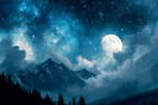 Ruhevolle Nachtlandschaft Mit Mystischem Sternenhimmel Und Vollmond | Psychedelische Kunst | Stilrichtungen