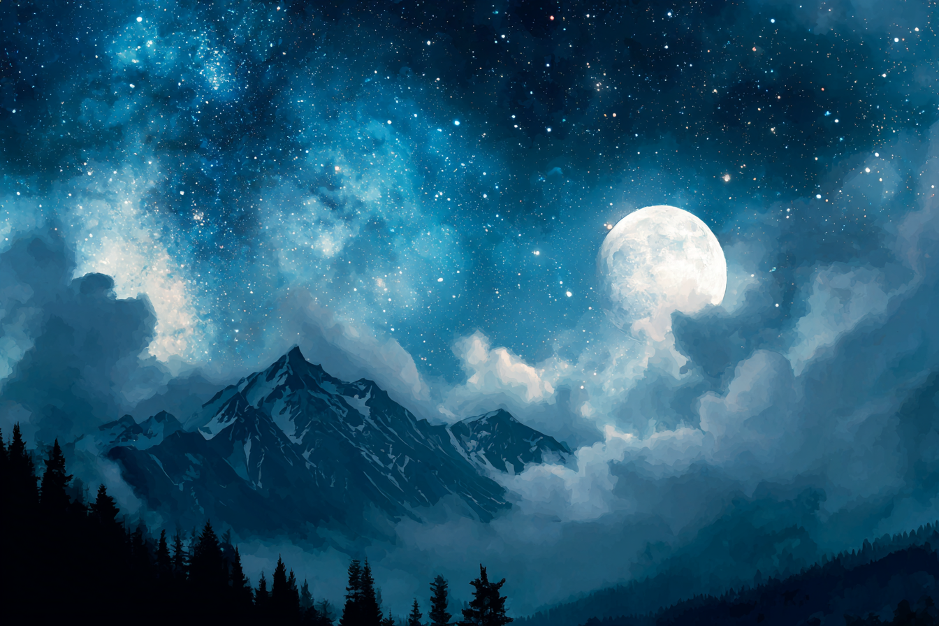 Ruhevolle Nachtlandschaft Mit Mystischem Sternenhimmel Und Vollmond | Psychedelische Kunst | Stilrichtungen