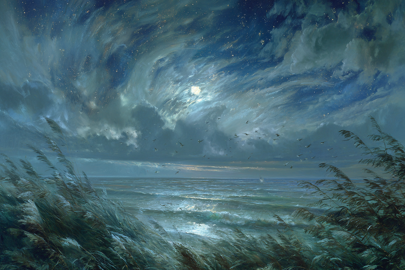 Ruhige Küstenlandschaft Bei Mondschein | Psychedelische Kunst | Stilrichtungen