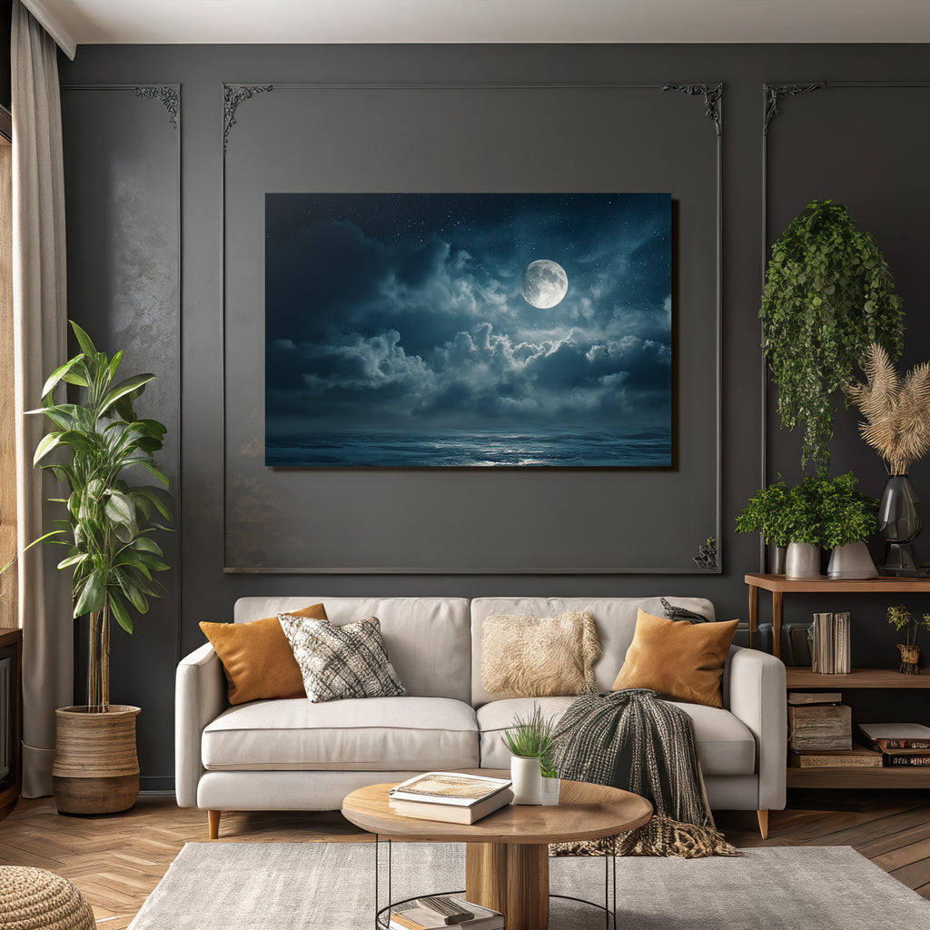Ruhige Nacht Am Meer Mit Grossem Mond Und Spiegelndem Wasser