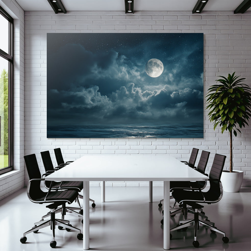Ruhige Nacht Am Meer Mit Grossem Mond Und Spiegelndem Wasser