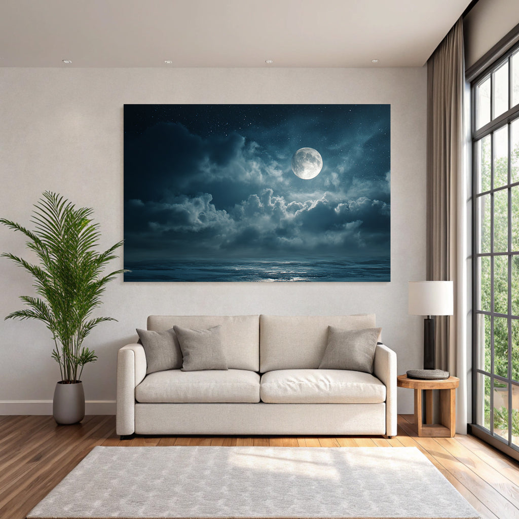 Ruhige Nacht Am Meer Mit Grossem Mond Und Spiegelndem Wasser