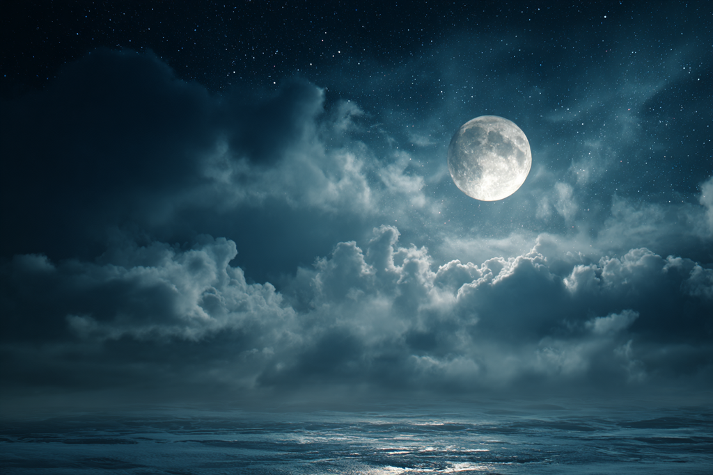 Ruhige Nacht Am Meer Mit Grossem Mond Und Spiegelndem Wasser | Psychedelische Kunst | Stilrichtungen
