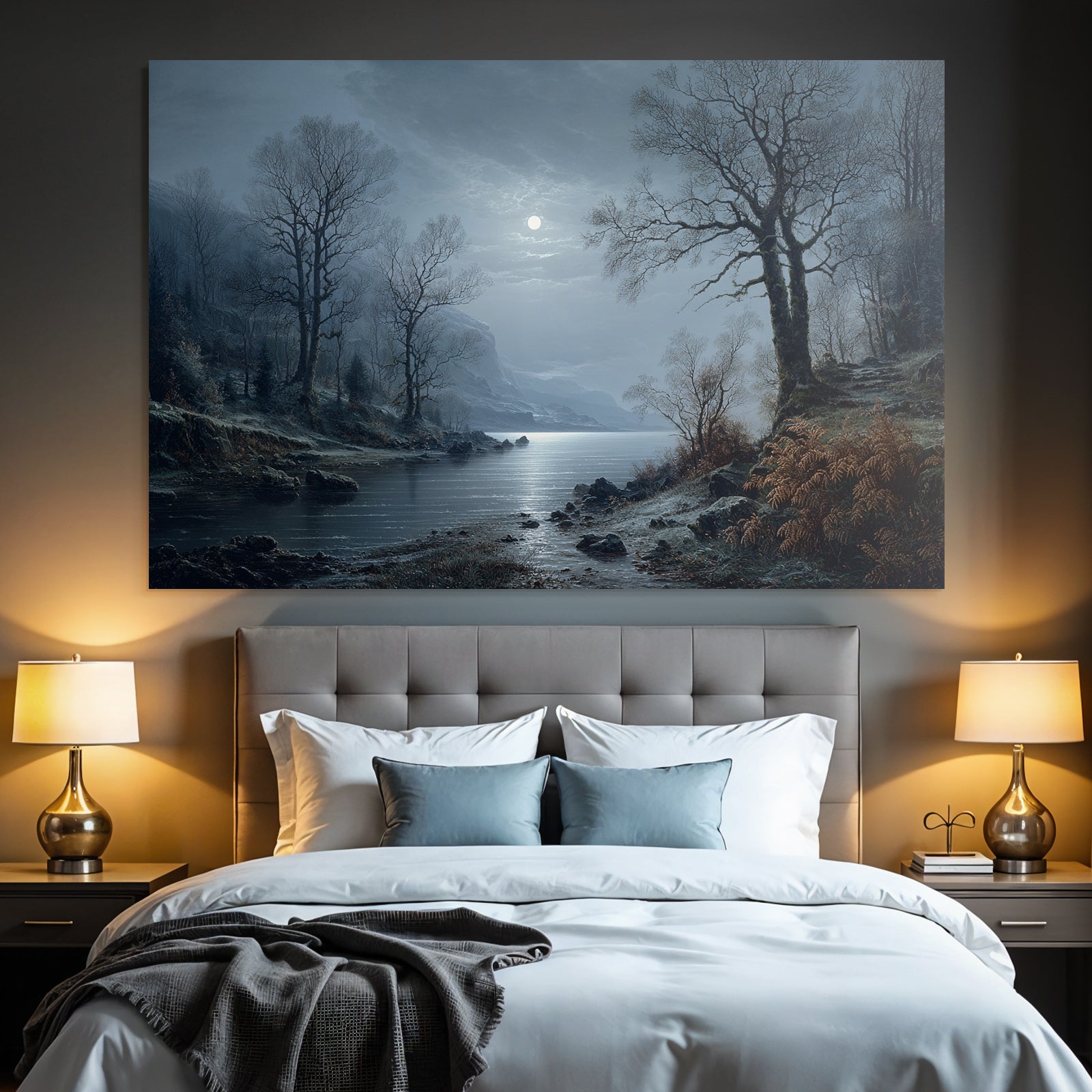 Ruhige Nachtlandschaft Am Wasser Im Mondlicht