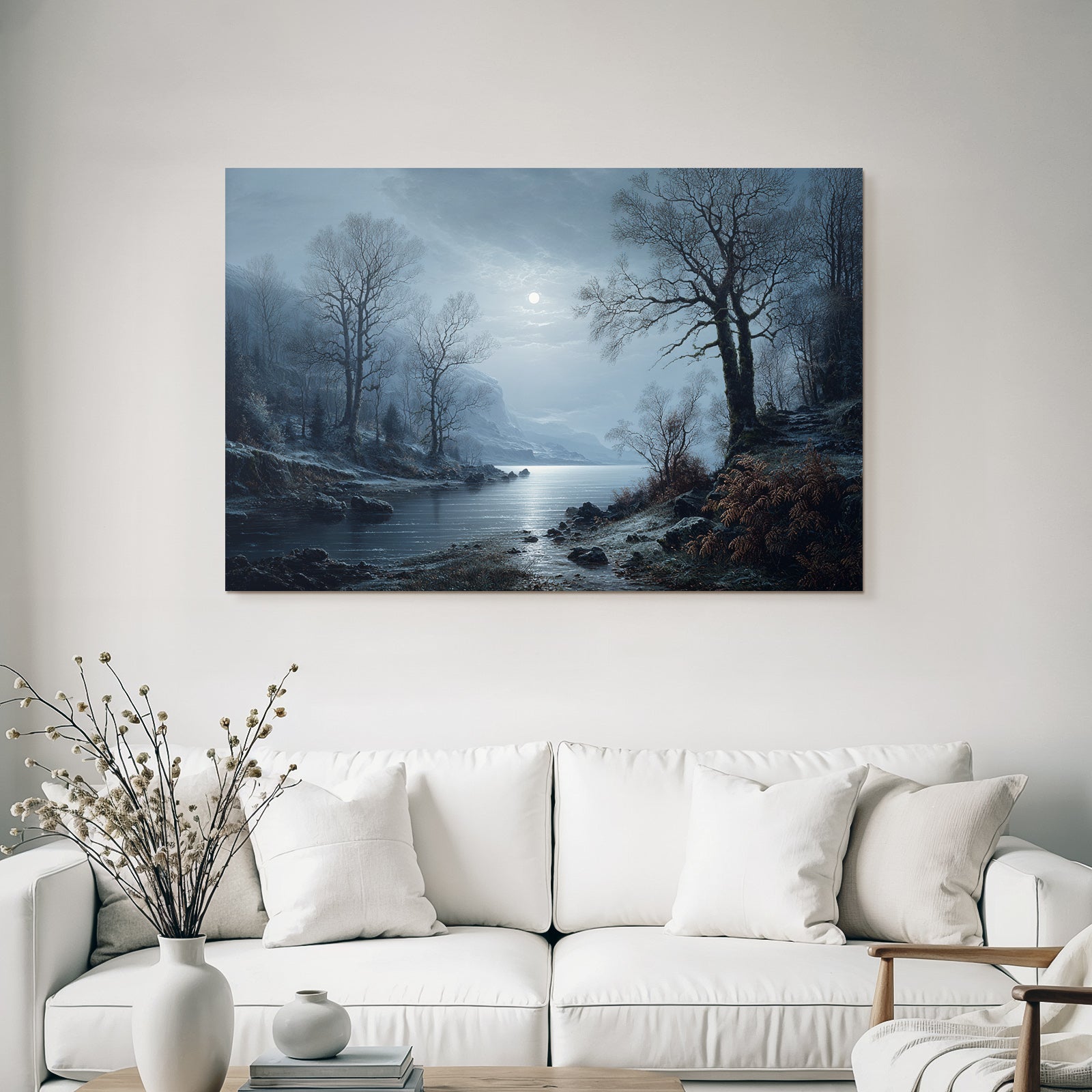 Ruhige Nachtlandschaft Am Wasser Im Mondlicht