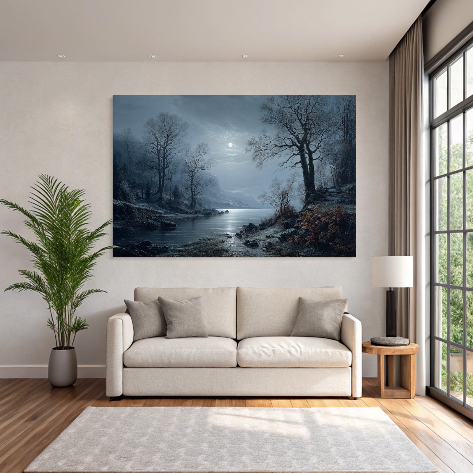 Ruhige Nachtlandschaft Am Wasser Im Mondlicht