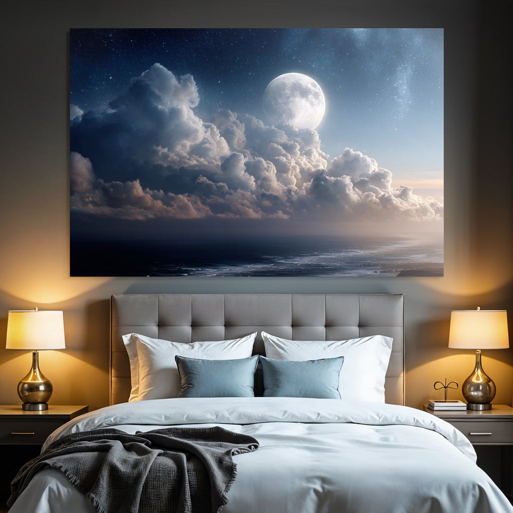 Ruhige Nachtlandschaft Mit Leuchtendem Mond Über Dem Ozean