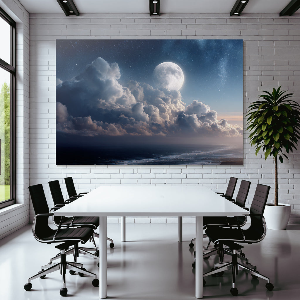 Ruhige Nachtlandschaft Mit Leuchtendem Mond Über Dem Ozean