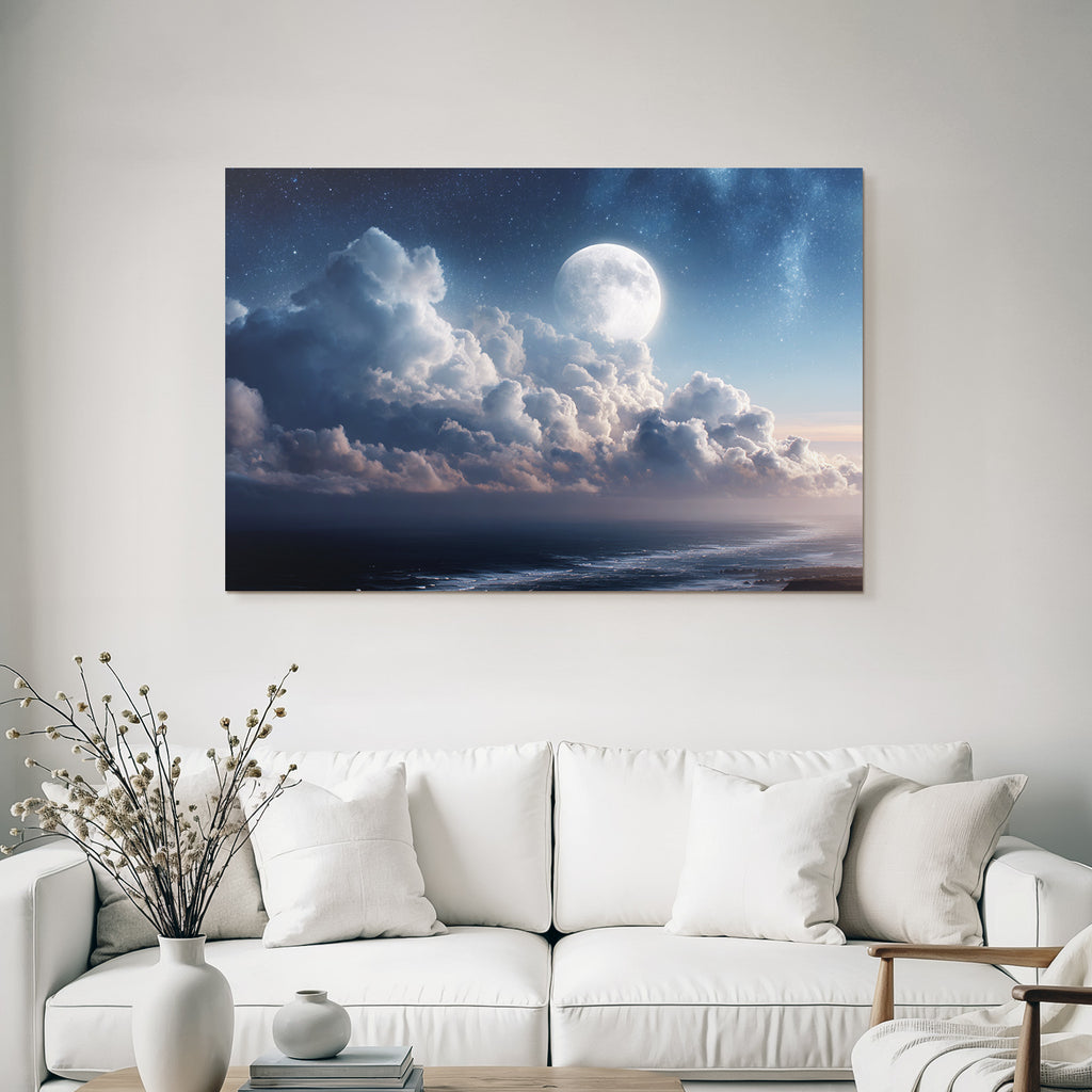 Ruhige Nachtlandschaft Mit Leuchtendem Mond Über Dem Ozean