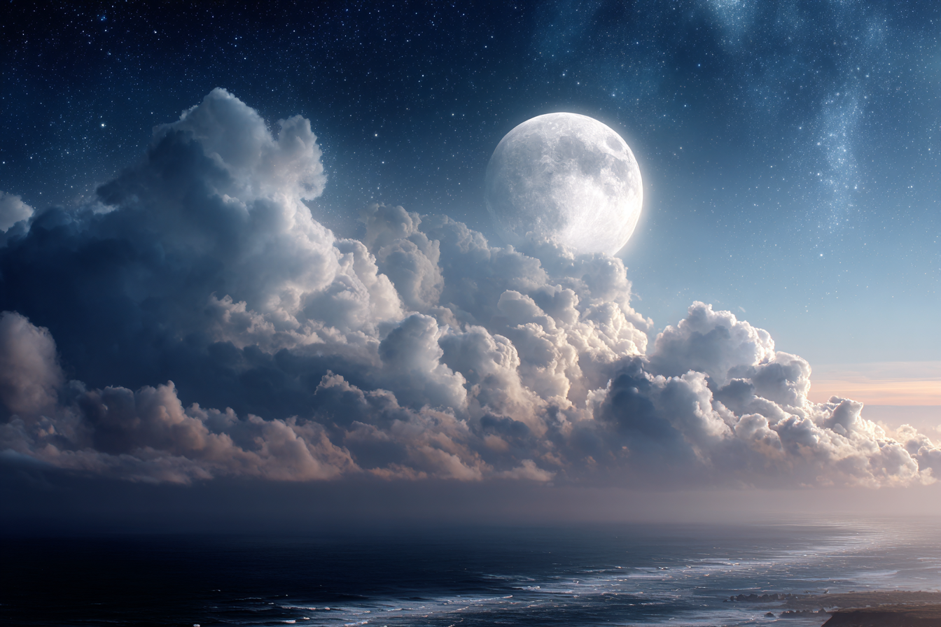 Ruhige Nachtlandschaft Mit Leuchtendem Mond Über Dem Ozean | Psychedelische Kunst | Stilrichtungen
