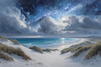 Sandige Dünen Meer Wellen Himmel Sterne Galaxie | Psychedelische Kunst | Stilrichtungen