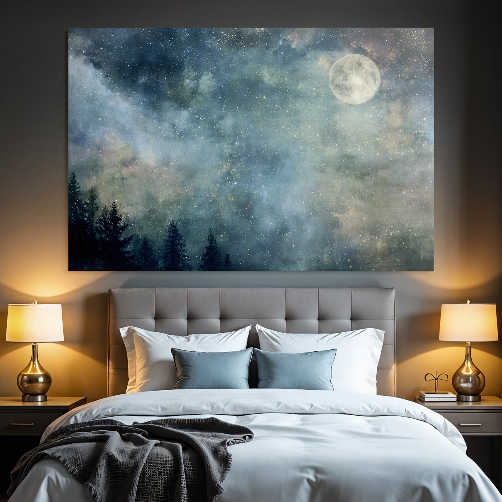 Sternennacht Mit Vollem Mond Und Baumsilhoütten