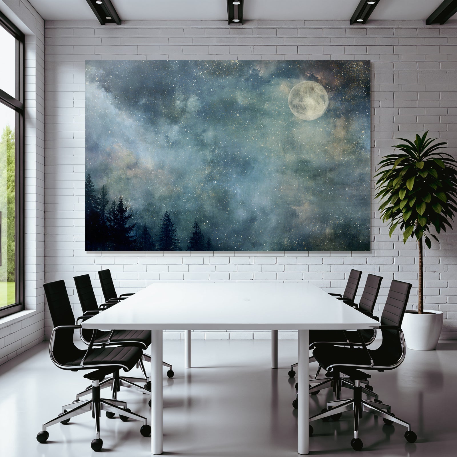 Sternennacht Mit Vollem Mond Und Baumsilhoütten