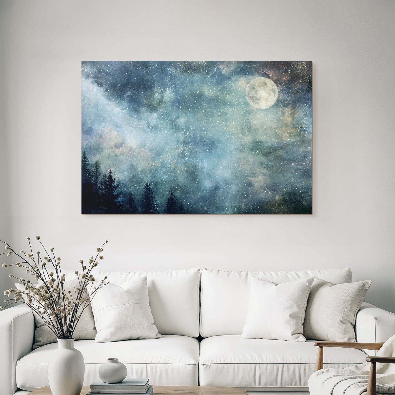 Sternennacht Mit Vollem Mond Und Baumsilhoütten