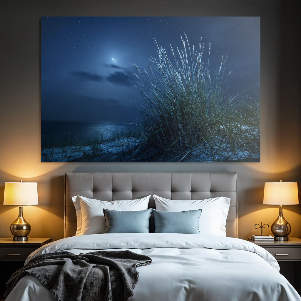 Stille Mondnacht Am Wasser Mit Sternenhimmel Und Hohem Gras