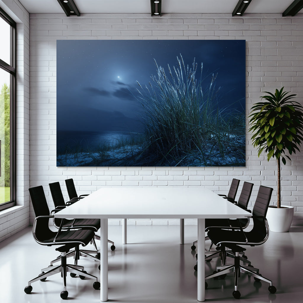 Stille Mondnacht Am Wasser Mit Sternenhimmel Und Hohem Gras
